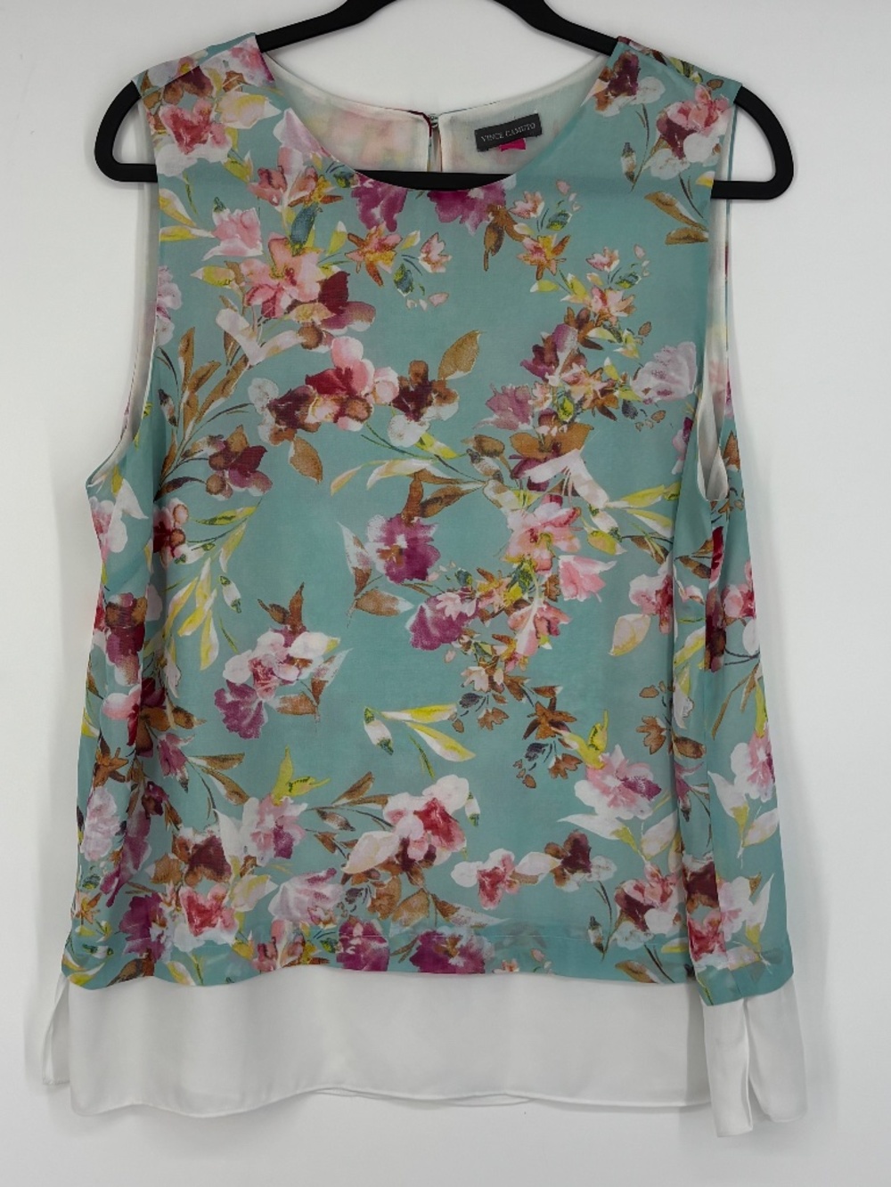 Vince Camuto Womens Large Sleeveless Blouse Tank Top Aqua Blue Pink Multi Floral